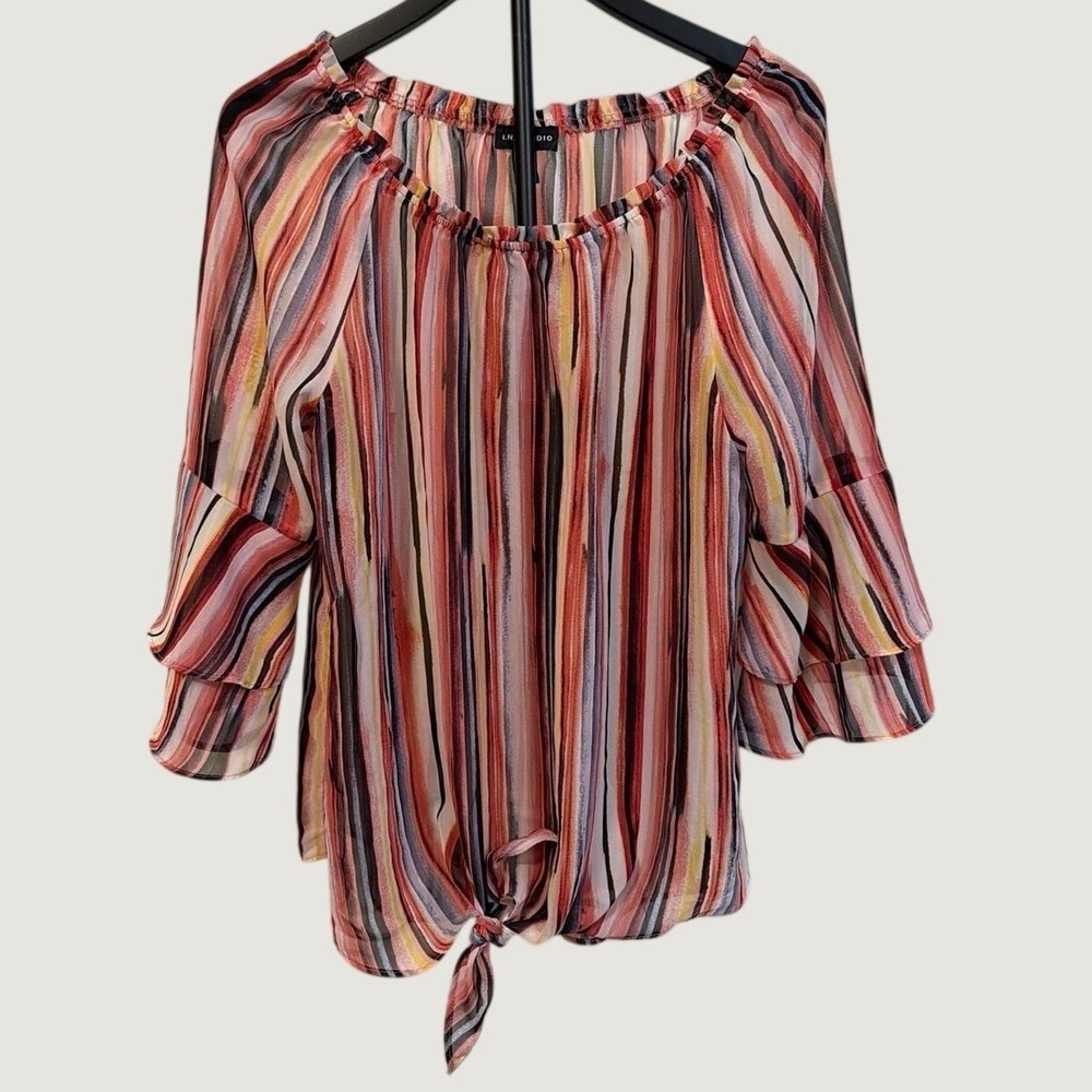 IN Studio Womens Large Multi Color Striped Ruffle Bell Sleeve Tie Front Blouse